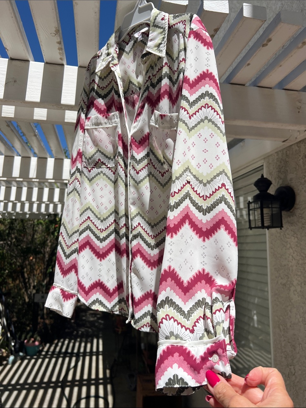 Candie’s Chevron Print Button-Up Shirt - White, Burgundy & Olive